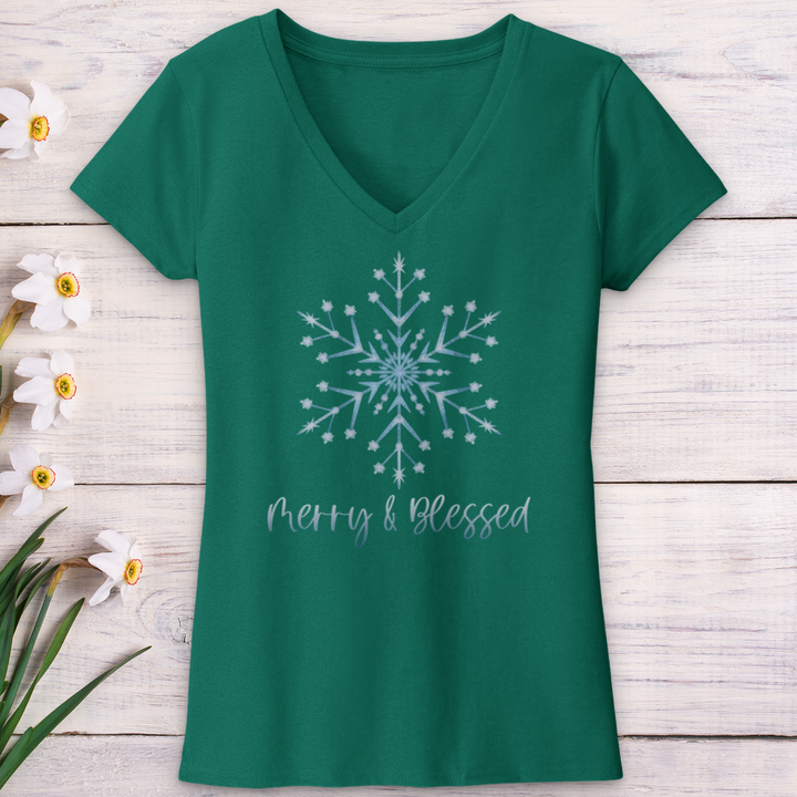 Merry & Blessed Frozen Snowflake V-Neck Tee