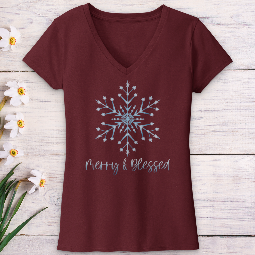 Merry & Blessed Frozen Snowflake V-Neck Tee