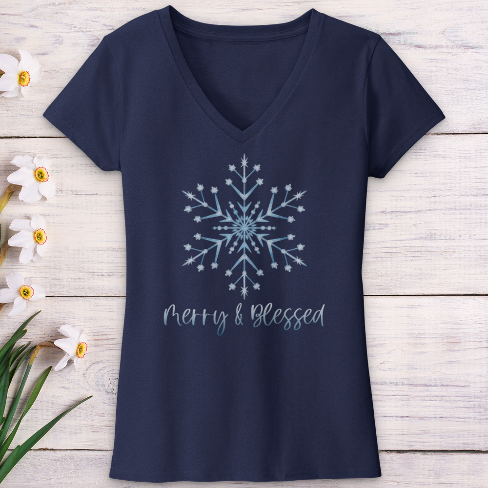 Merry & Blessed Frozen Snowflake V-Neck Tee