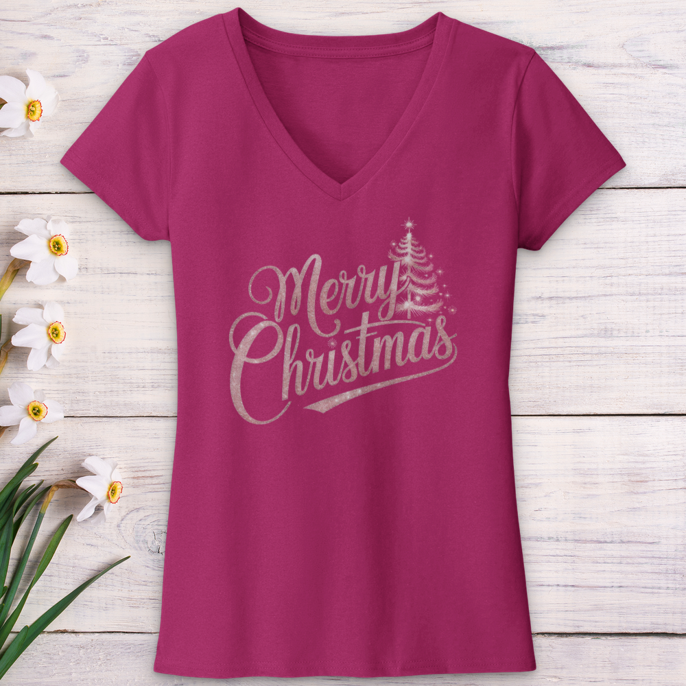 Merry Christmas Sparkling Tree V-Neck Tee