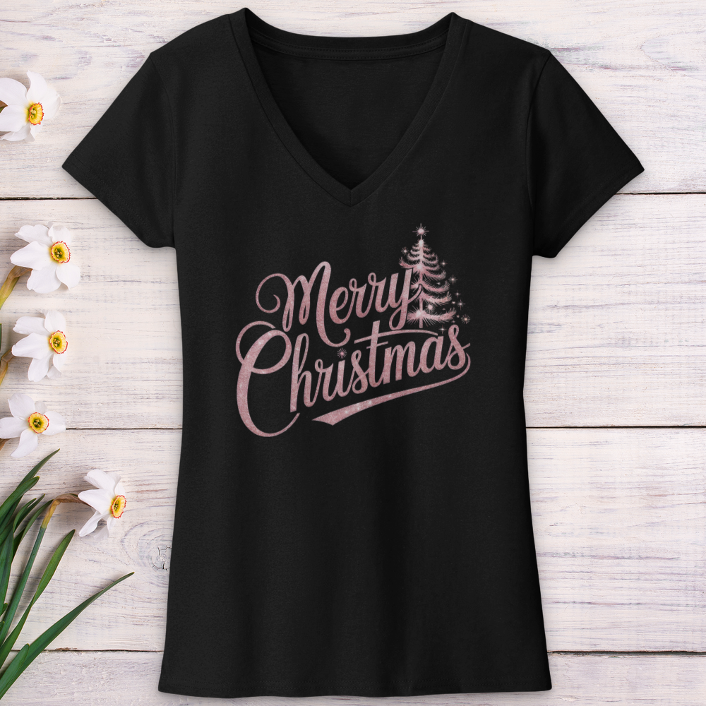 Merry Christmas Sparkling Tree V-Neck Tee