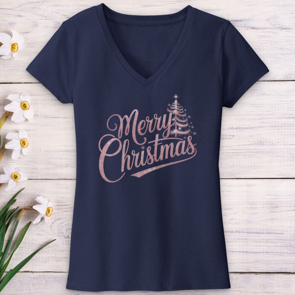 Merry Christmas Sparkling Tree V-Neck Tee