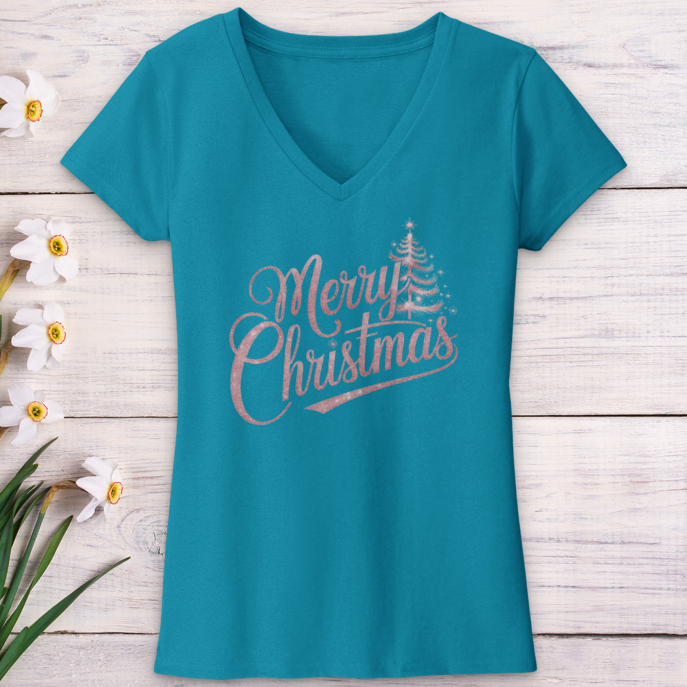 Merry Christmas Sparkling Tree V-Neck Tee