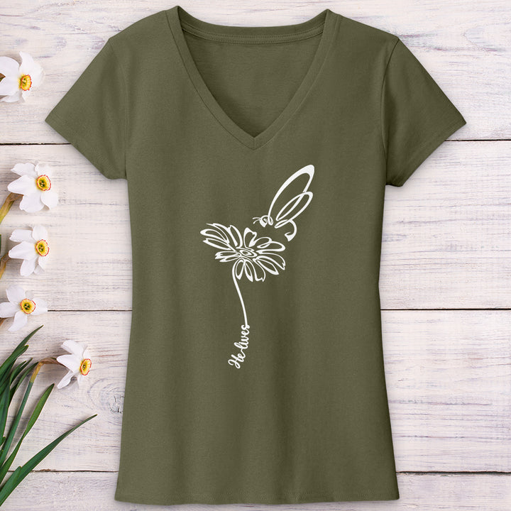 He Lives Bee Flower V-Neck Tee