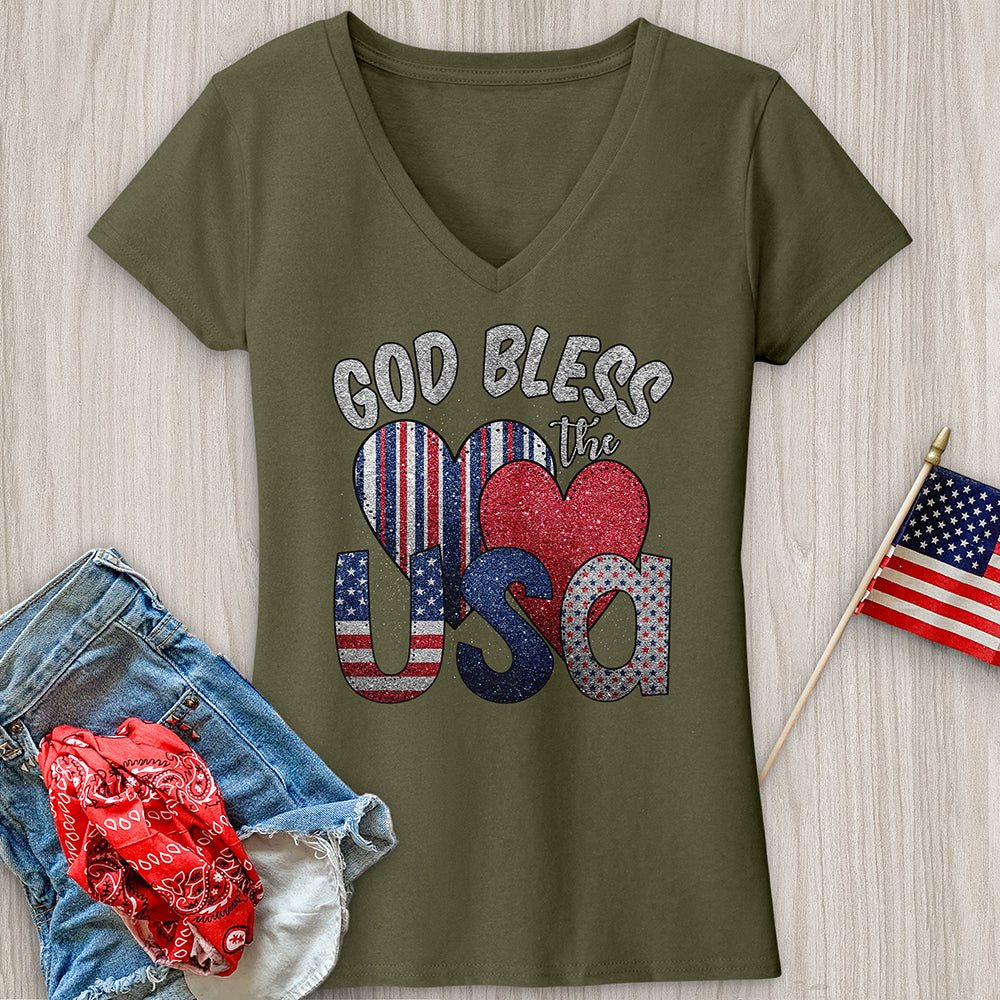 God Bless USA Sparkling V-Neck Tee