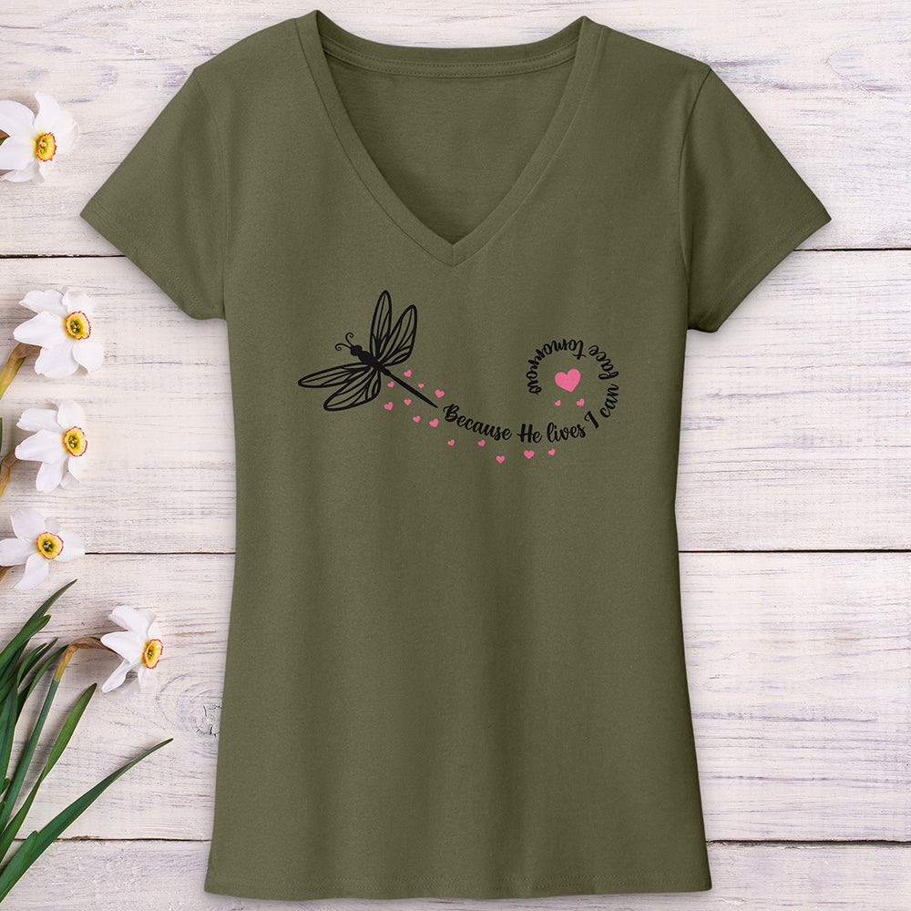 Because He Lives Dragonfly V-Neck Tee