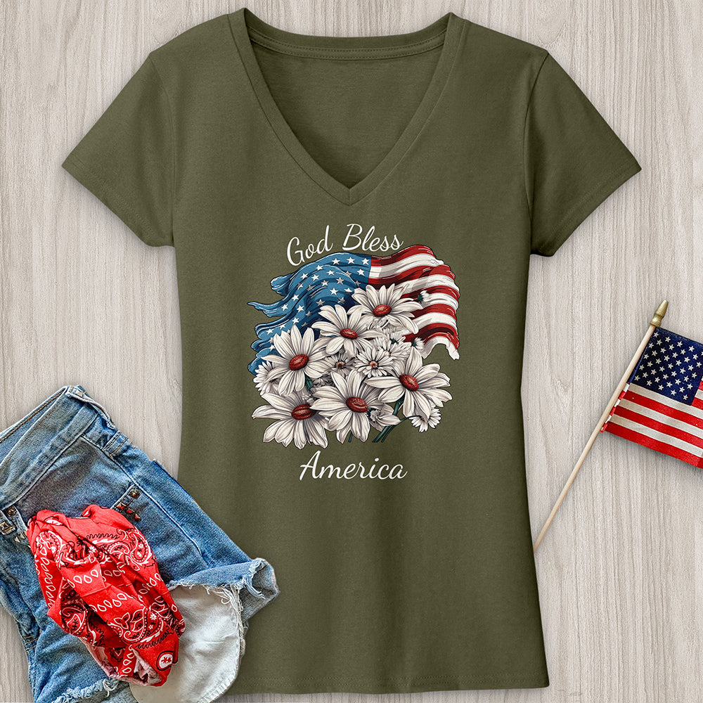 Waving American Flag With Daisies V-Neck Tee