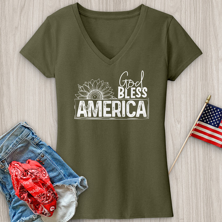 God Bless Sunflower Art V-Neck Tee