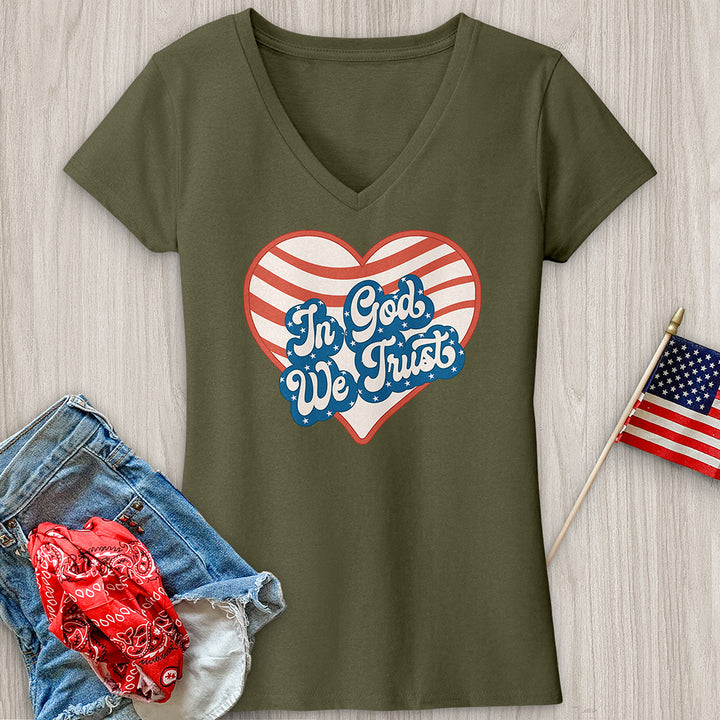 In God We Trust Wavy Heart V-Neck Tee