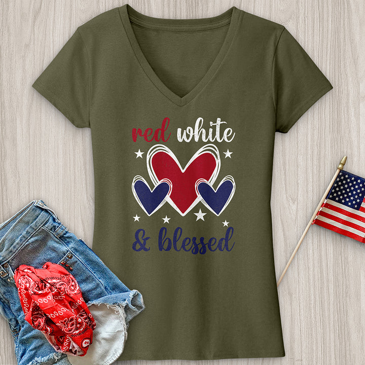 Red White Blessed Hearts V-Neck Tee