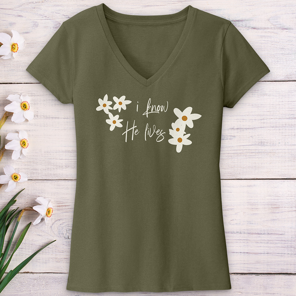 Because He Lives Cute Daisies V-Neck Tee