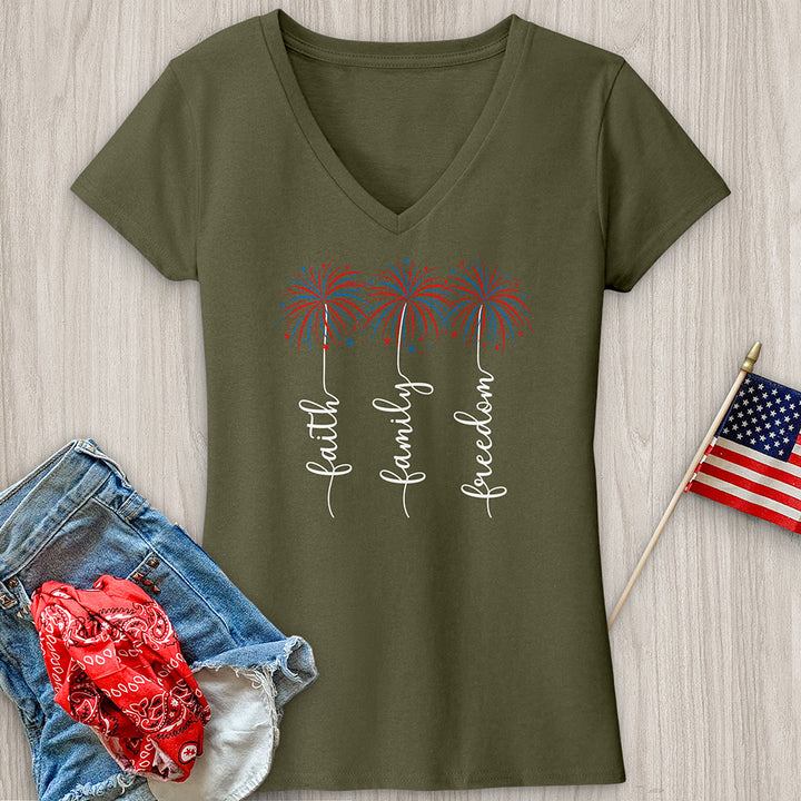 Faith Family Fireworks Art V-Neck Tee