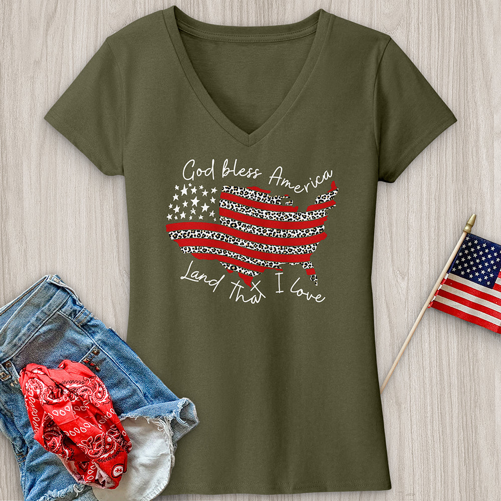 God Bless America Leopard V-Neck Tee