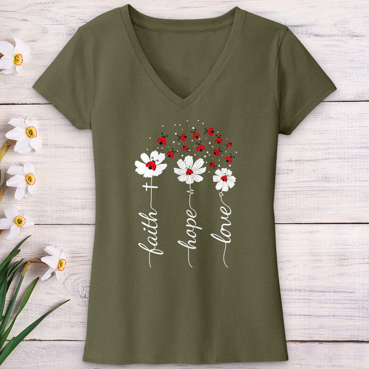 Faith Lady Bug Flowers V-Neck Tee