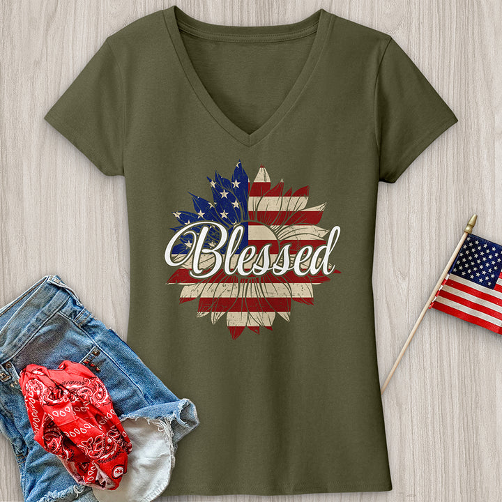 Blessed American Sunflower V-Neck Tee