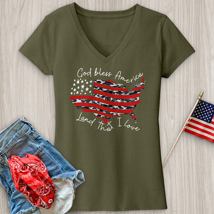 God Bless America Camo USA V-Neck Tee