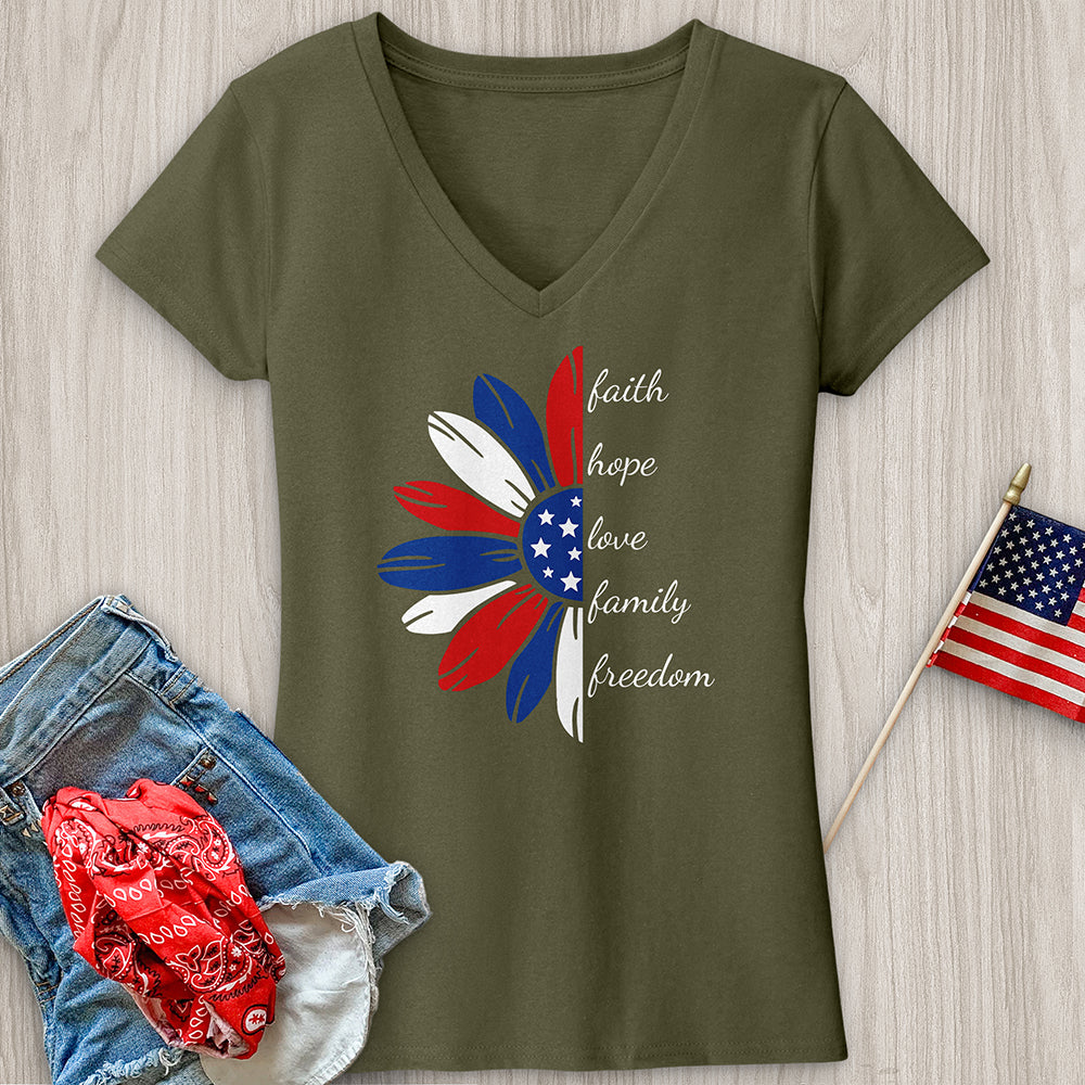 Faith Family Freedom Daisy V-Neck Tee