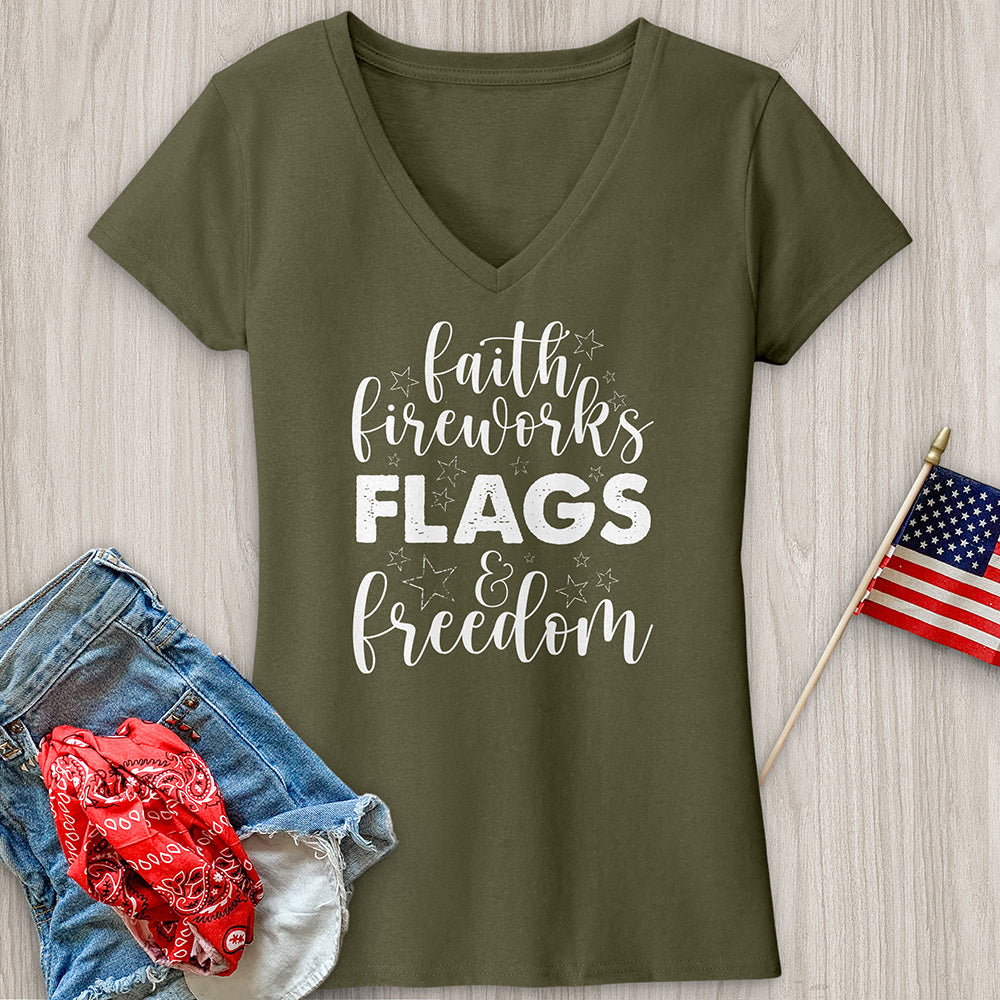 Faith Fireworks Flags & Freedom V-Neck Tee