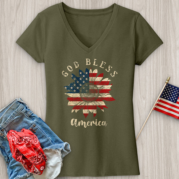 God Bless Sunflower V-Neck Tee