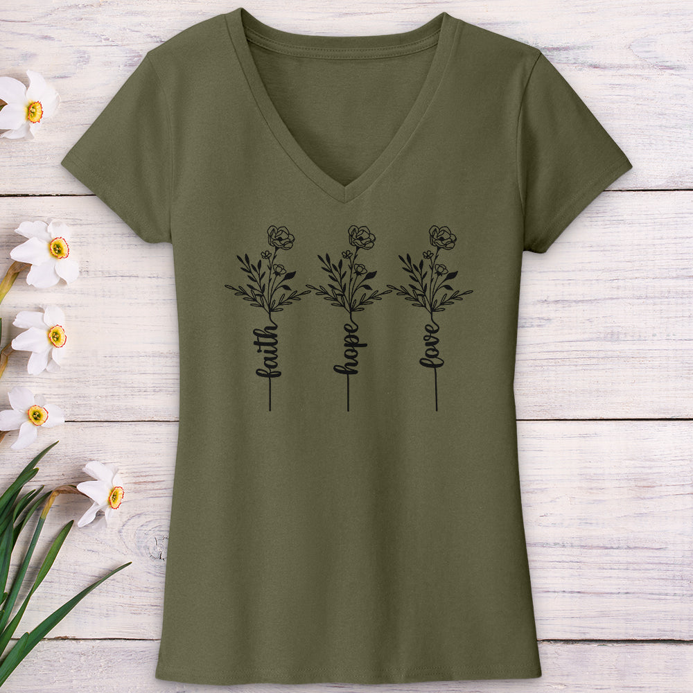 Faith Hope Love Spring Flowers V-Neck Tee