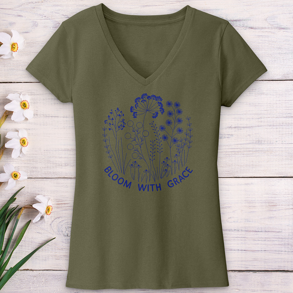 Bloom With Grace Royal Flowers V-Neck Tee