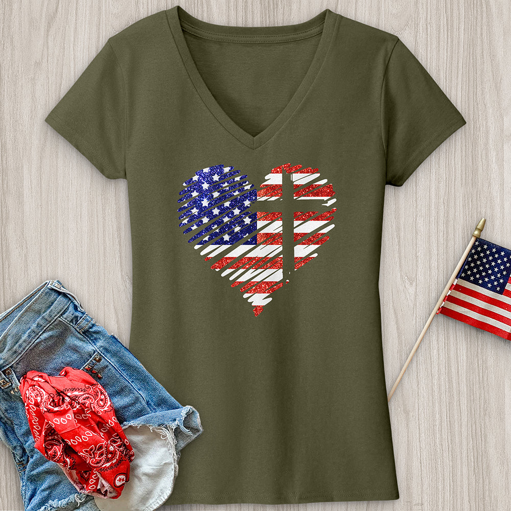 USA Heart and Cross V-Neck Tee