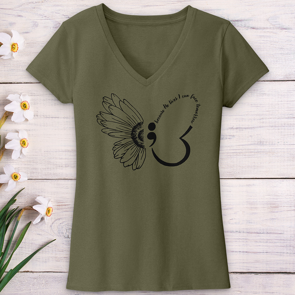 Because He Lives Semicolon V-Neck Tee