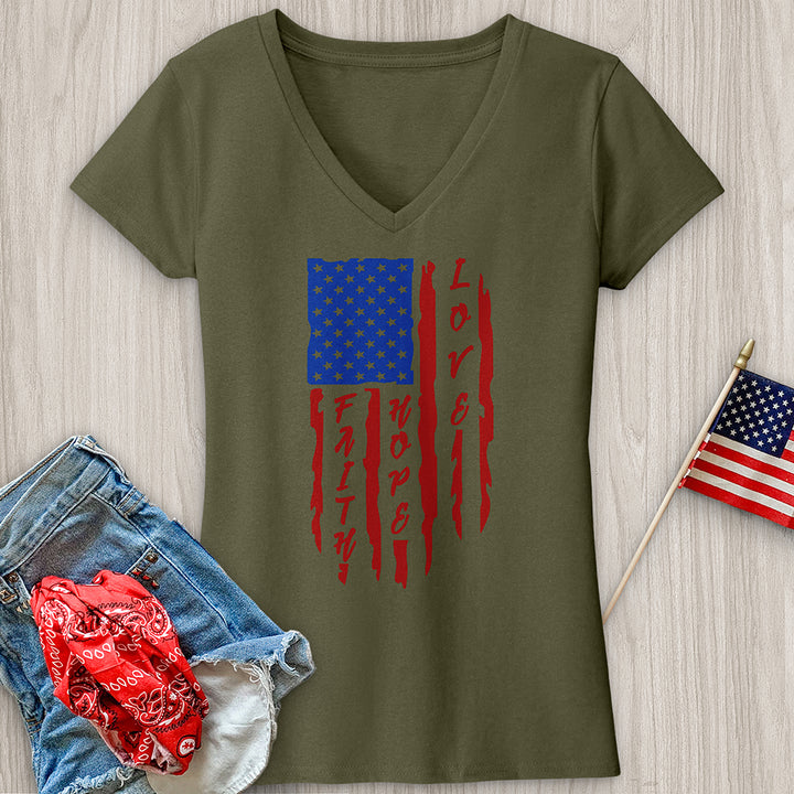 Faith Hope Love Flag V-Neck Tee