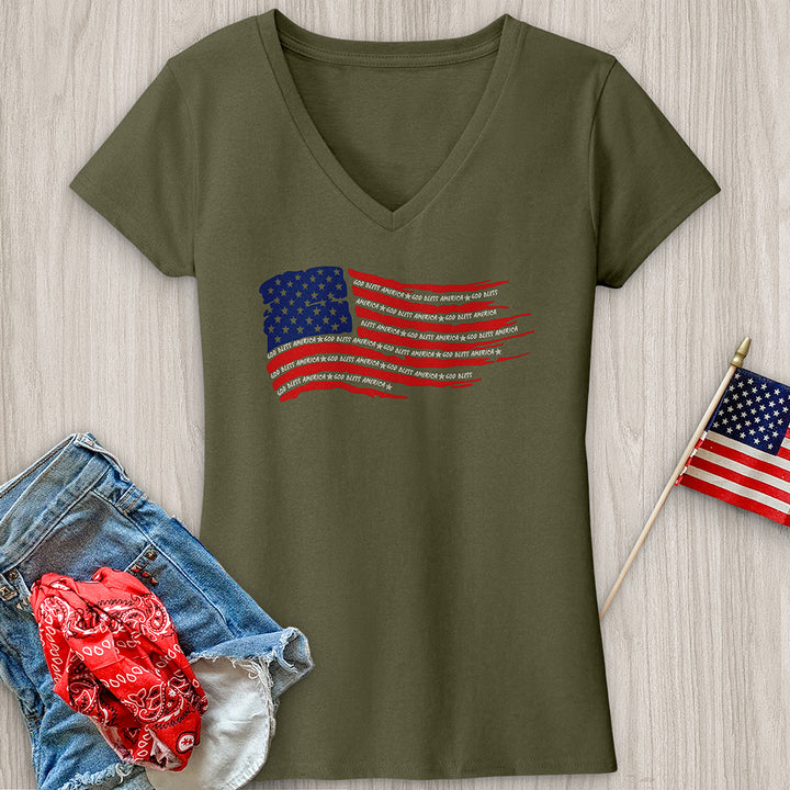 God Bless Word Flag V-Neck Tee