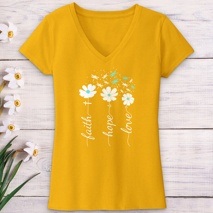 Faith Hope Love Dragonfly Floral V-Neck Tee