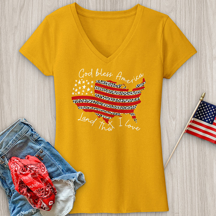 God Bless America Leopard V-Neck Tee