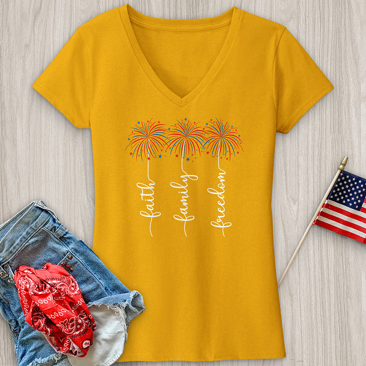 Faith Family Fireworks Art V-Neck Tee