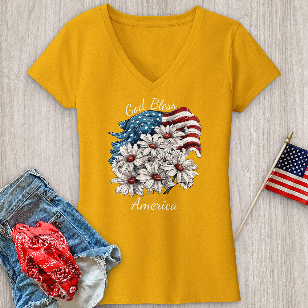 Waving American Flag With Daisies V-Neck Tee