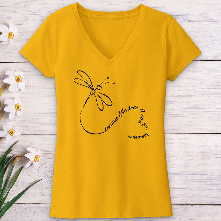 Because He Lives Dragonfly Heart V-Neck Tee