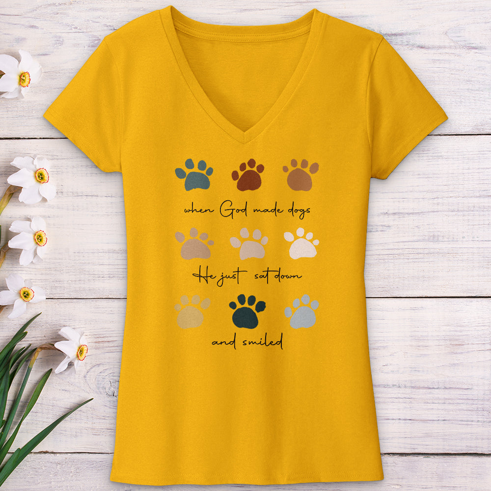 When God Created Dogs Paw Prints V-Neck Tee