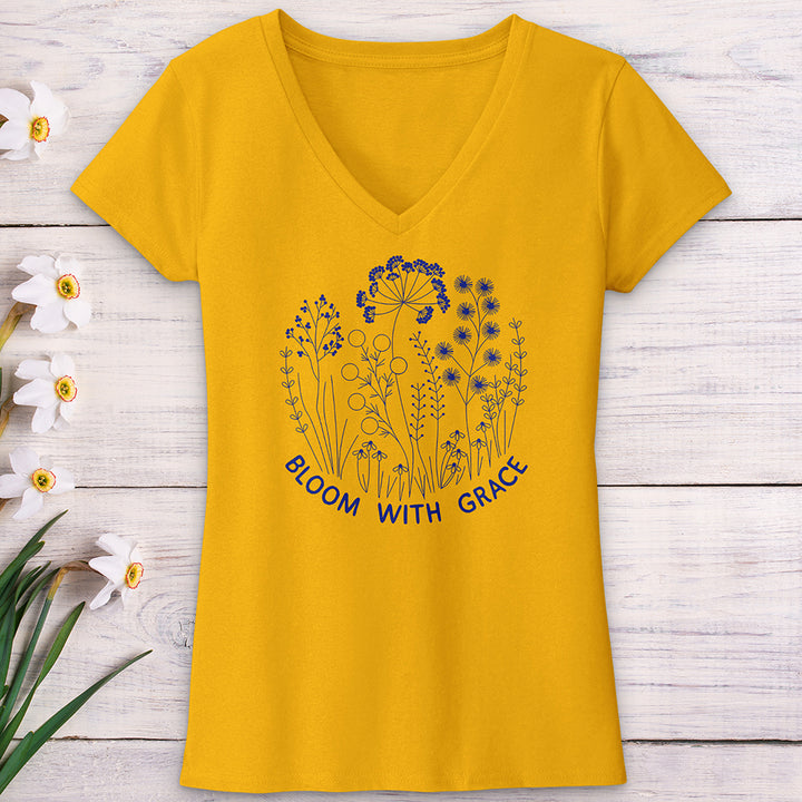 Bloom With Grace Royal Flowers V-Neck Tee