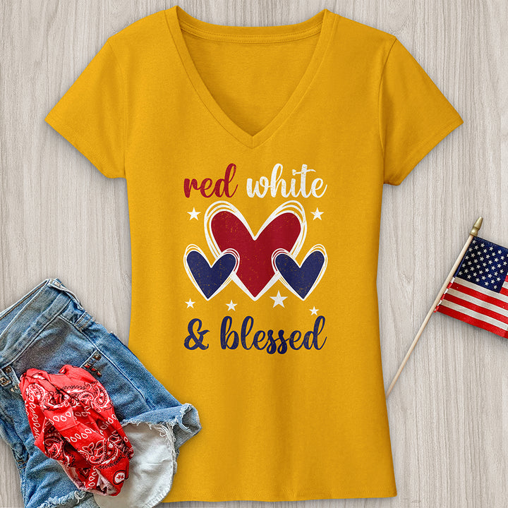 Red White Blessed Hearts V-Neck Tee