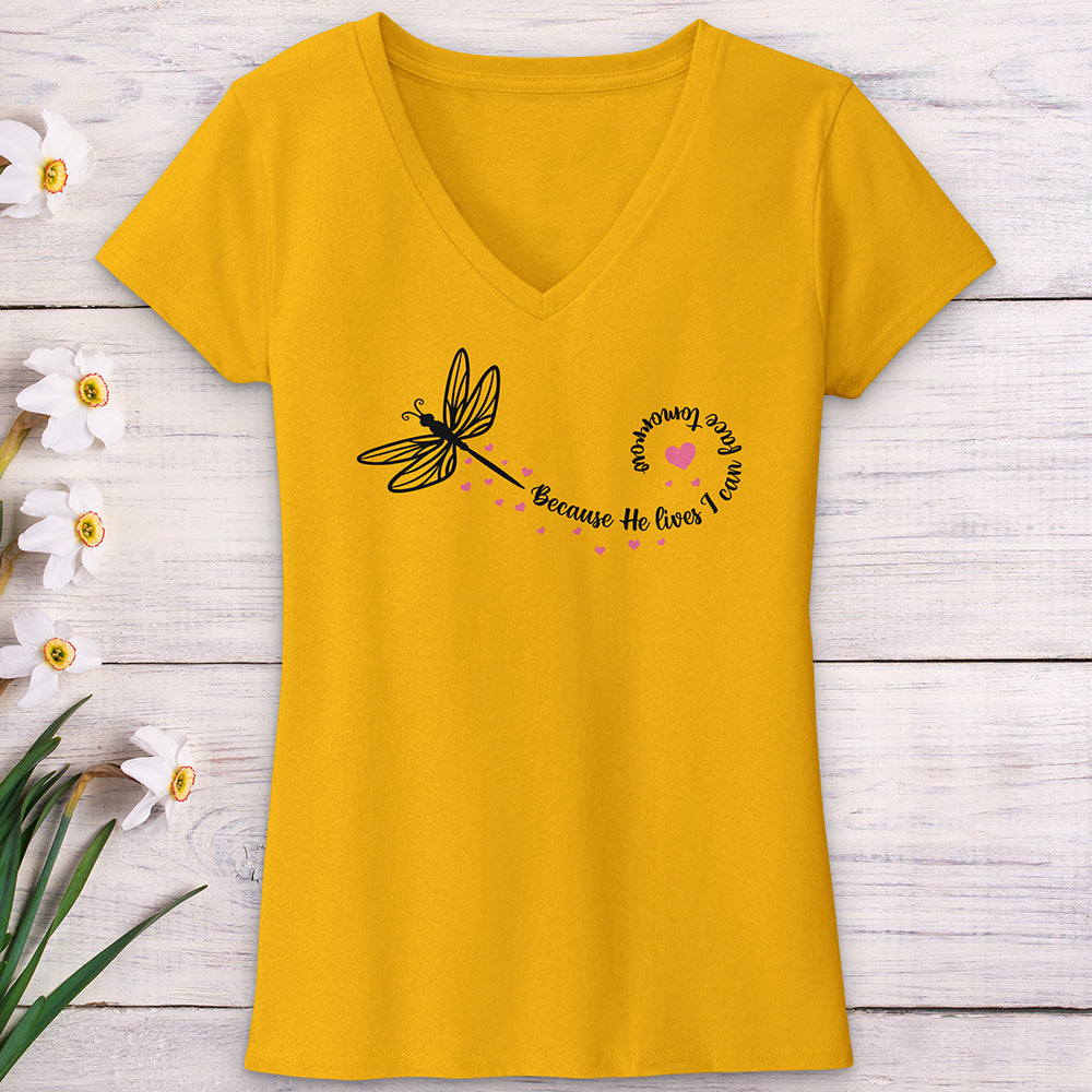 Because He Lives Dragonfly V-Neck Tee