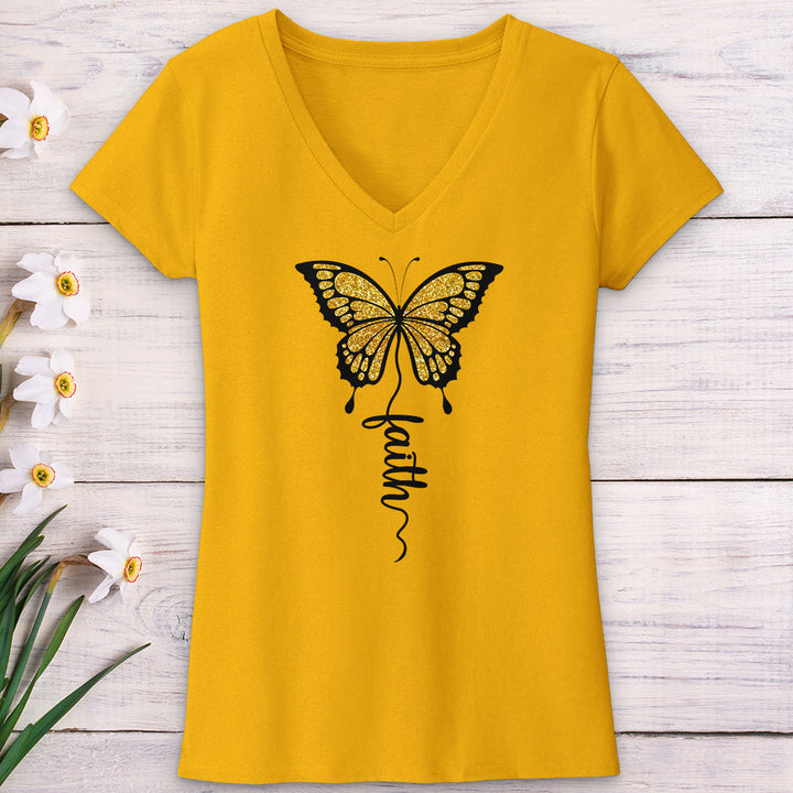 Gold Faith Butterfly V-Neck Tee