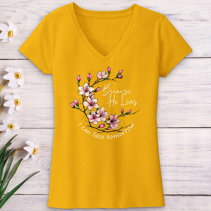 Because He Lives Pink Flowers V-Neck Tee