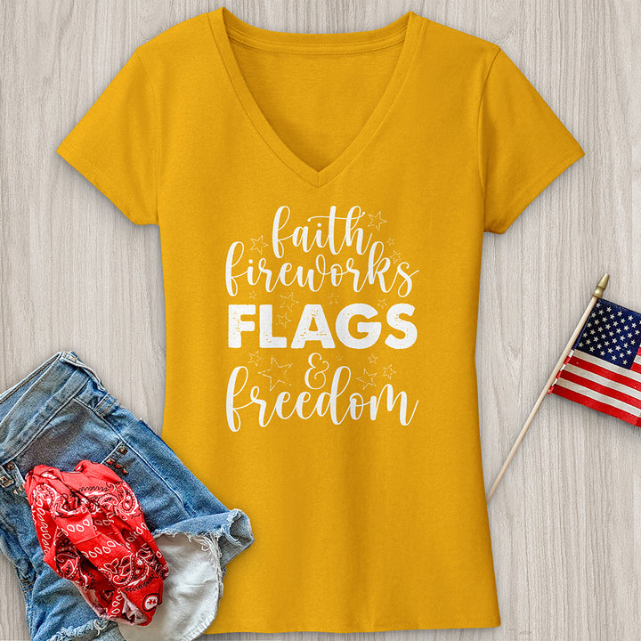 Faith Fireworks Flags & Freedom V-Neck Tee