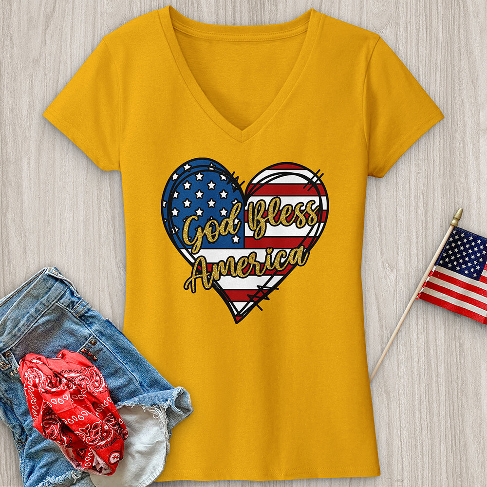 God Bless Gold Letters V-Neck Tee