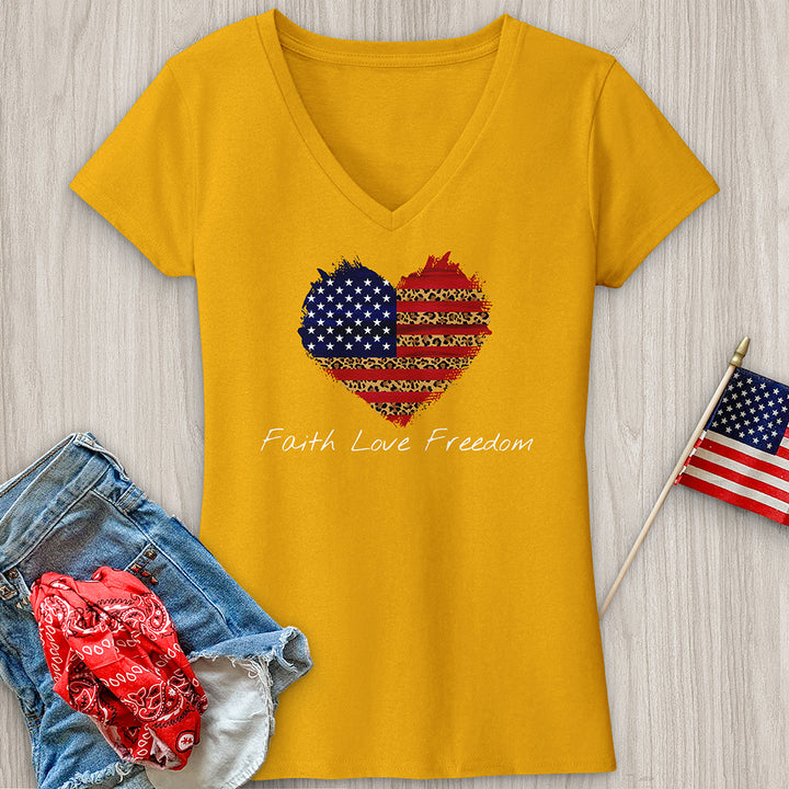 Faith Love Freedom Leopard Heart V-Neck Tee