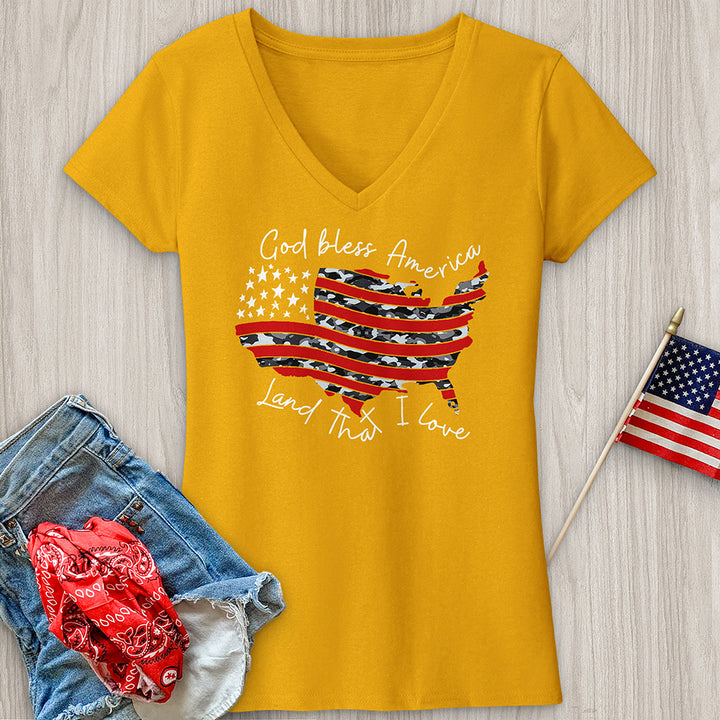 God Bless America Camo USA V-Neck Tee