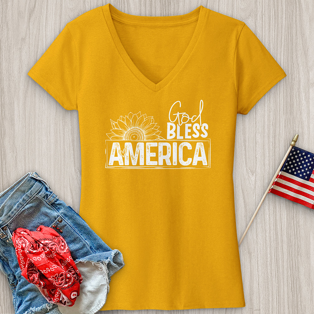 God Bless Sunflower Art V-Neck Tee