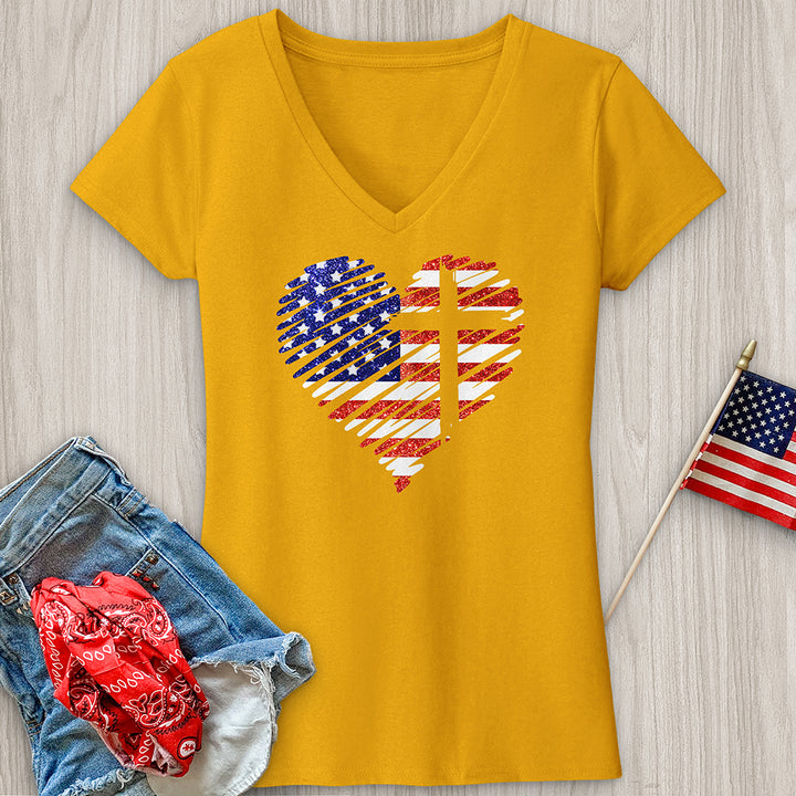 USA Heart and Cross V-Neck Tee