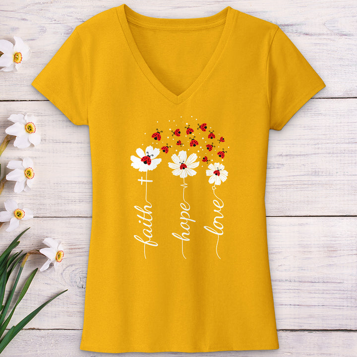 Faith Lady Bug Flowers V-Neck Tee