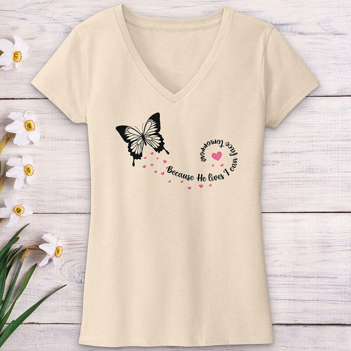 Because He Lives Butterfly V-Neck Tee