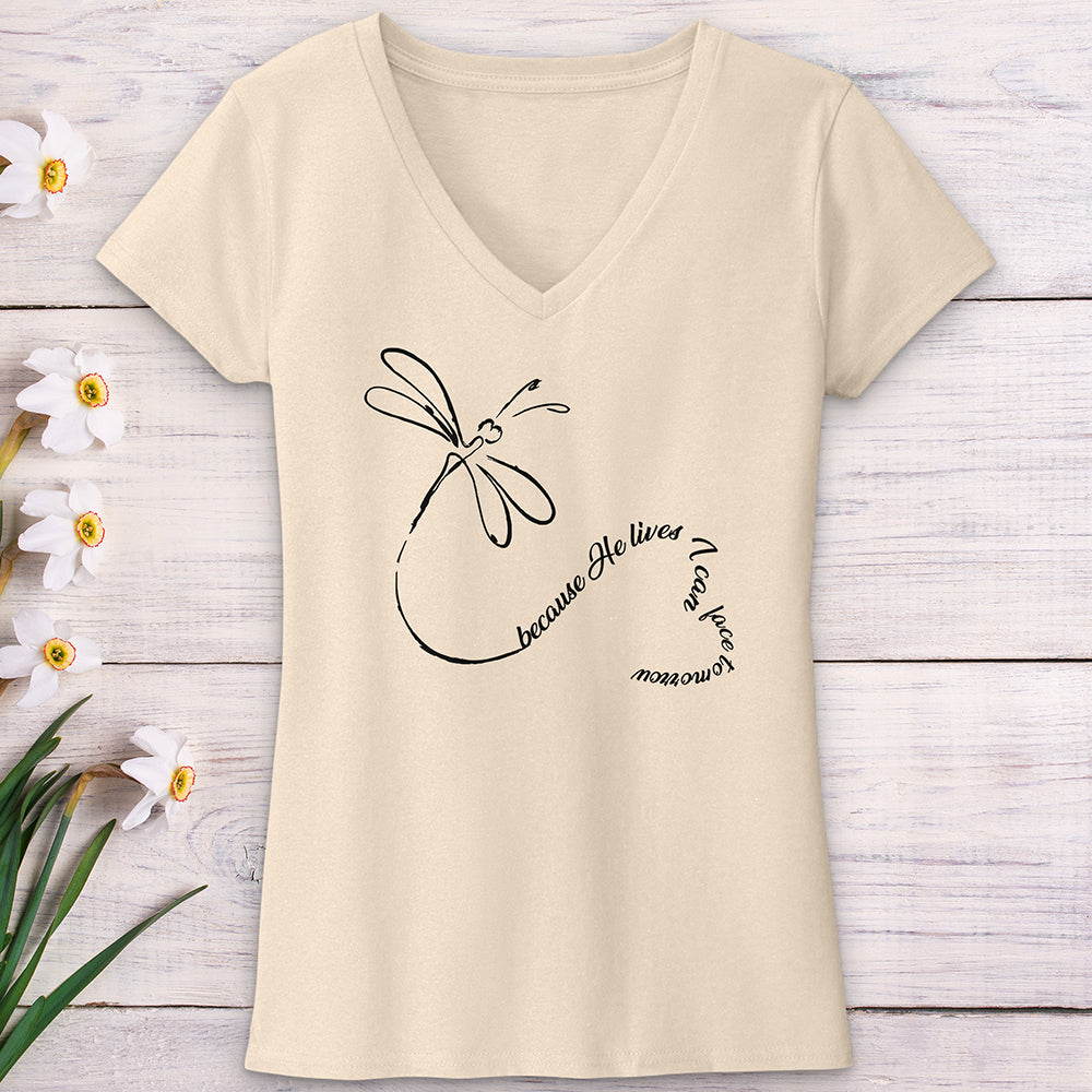 Because He Lives Dragonfly Heart V-Neck Tee