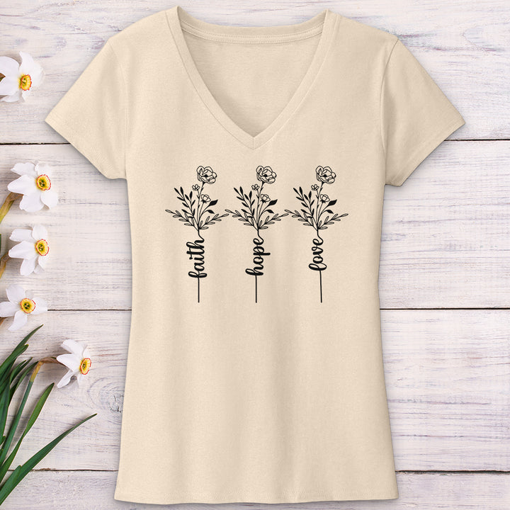 Faith Hope Love Spring Flowers V-Neck Tee